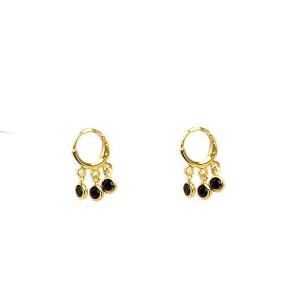 Brinco Argola 3 Zircônias Médio Preto Folheado a Ouro 18K