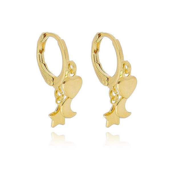 Brinco Argola Clicker 3 Lua Estrela E Coração Folheado a Ouro 18K