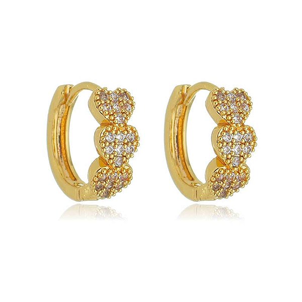Brinco Argola Corações Pavê Cravejados Folheado a Ouro 18K