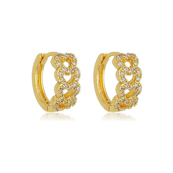 Brinco Argola Corações Vazados Cravejados Folheado a Ouro 18K
