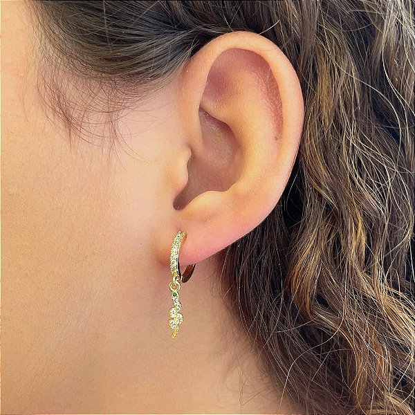 Brinco Argola Cravejado Pingente Cobra Folheado a Ouro 18K