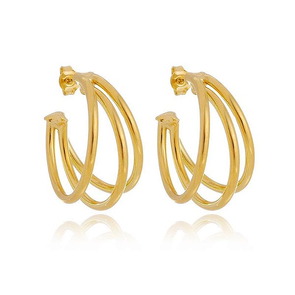 Brinco Argola Média 3 Fios Lisos Folheado a Ouro 18K