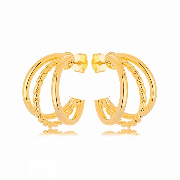 Brinco Argola Média 3 Fios Lisos E Enroscado Folheado a Ouro 18K