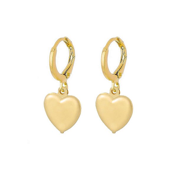 Brinco Argola Pingente Coração Abaulado Grande Folheado a Ouro 18K