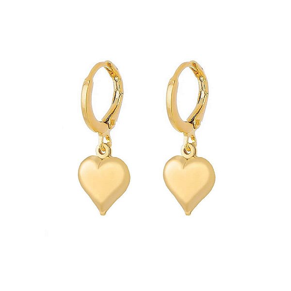Brinco Argola Pingente Coração Abaulado Média Folheado a Ouro 18K