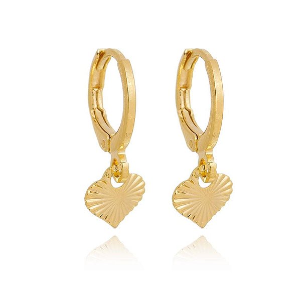 Brinco Argola Pingente Coração Detalhado Folheado a Ouro 18K