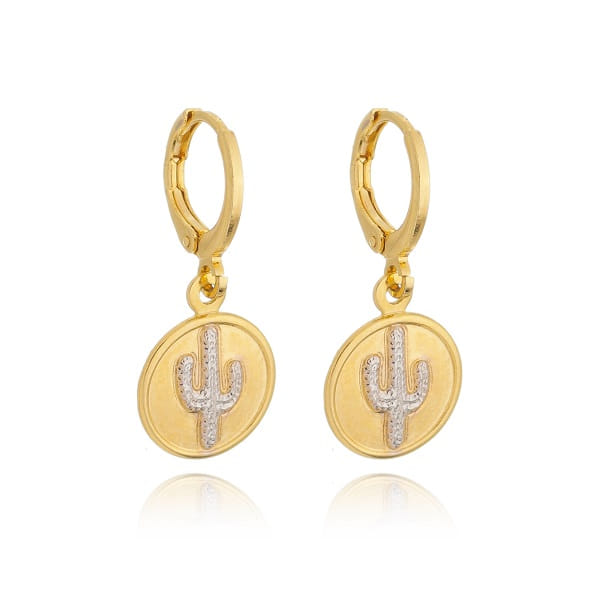 Brinco Argola Pingente Moeda Cacto Rodinada Folheado a Ouro 18K