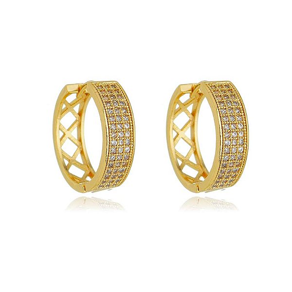 Brinco Argola Reta Cravejado 3 Fileiras 21Mm Folheado a Ouro 18K