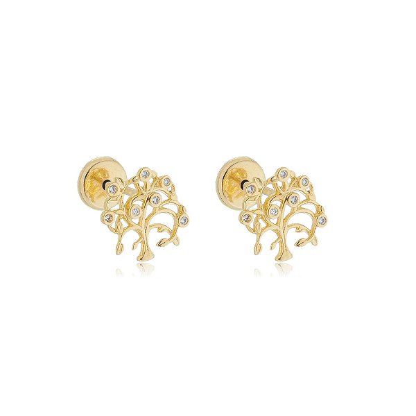 Brinco Árvore Da Vida Zircônias Cristal Folheado a Ouro 18K