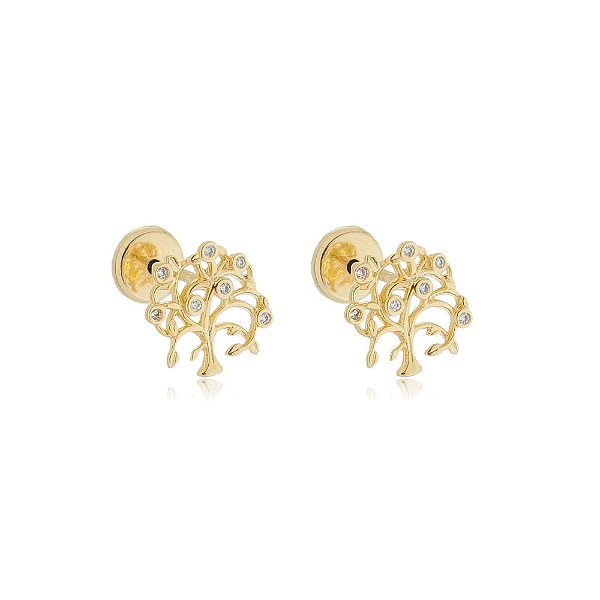 Brinco Árvore Da Vida Zircônias Cristal Folheado a Ouro 18K