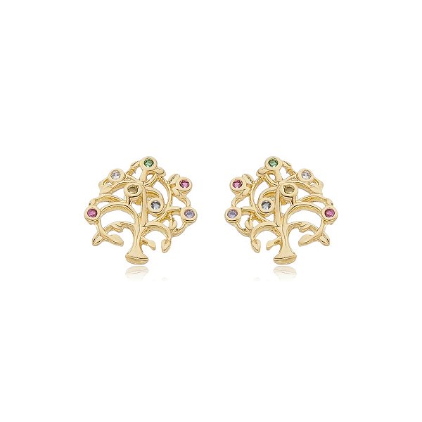 Brinco Árvore Da Vida Zircônias Rainbow Folheado a Ouro 18K