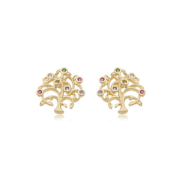 Brinco Árvore Da Vida Zircônias Rainbow Folheado a Ouro 18K