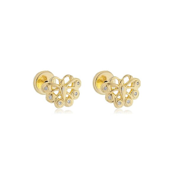 Brinco Borboleta Arabescos Com Zircônia Folheado a Ouro 18K