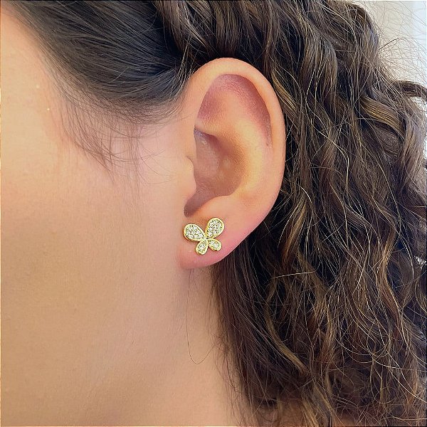 Brinco Borboleta Arredondada Cravejado Folheado a Ouro 18K