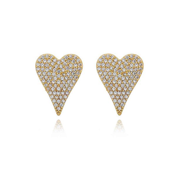 Brinco Coração Alongado Cravejado Folheado a Ouro 18K