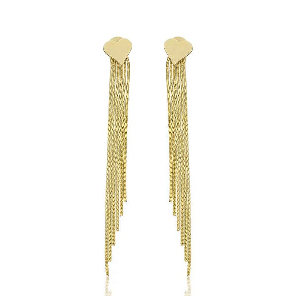 Brinco Coração Chapa Aplique 6 Fios Folheado a Ouro 18K