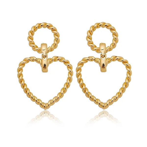 Brinco Coração Grande Fio Trançado Folheado a Ouro 18K