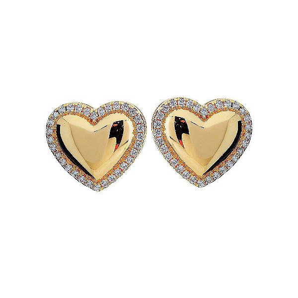 Brinco Coração Liso Borda Cravejado Folheado a Ouro 18K