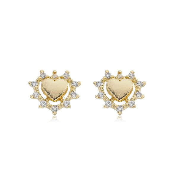 Brinco Coração Liso Borda Zirconias Cristal Folheado a Ouro 18K