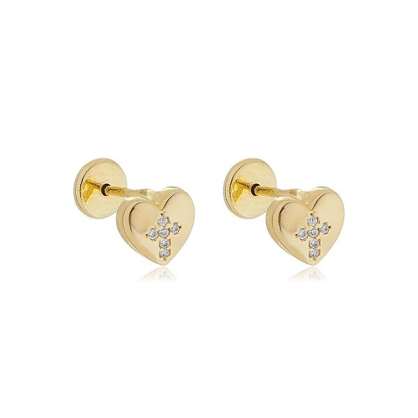 Brinco Coração Liso Cruz Cravejado Folheado a Ouro 18K