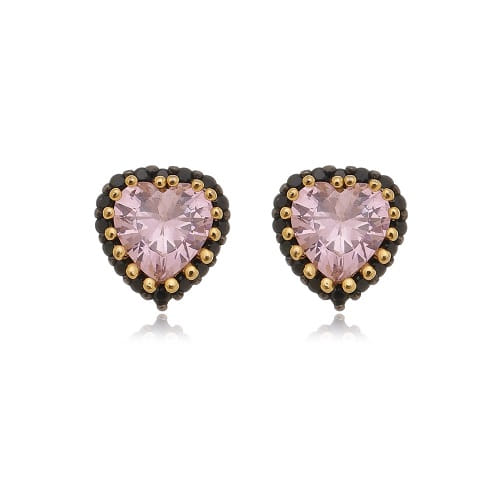 Brinco Coração Rosa Borda Zircônias Negras Folheado a Ouro 18K
