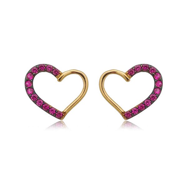 Brinco Coração Vazado Gr Metade Cravejado Folheado a Ouro 18K