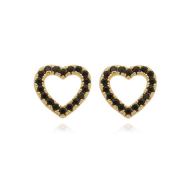 Brinco Coração Vazado Preto Folheado a Ouro 18K