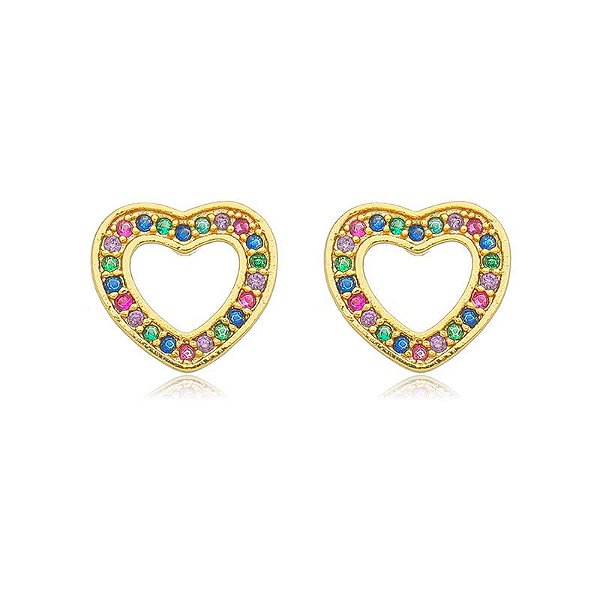 Brinco Coração Vazado Cravejado Rainbow Com Borda Dourada Folheado a Ouro 18K