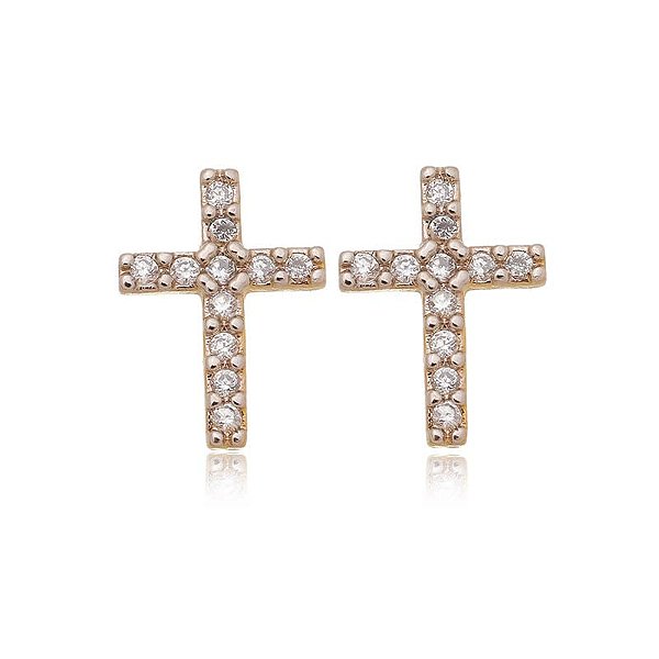 Brinco Cruz Cravejado Grande Folheado a Ouro 18K