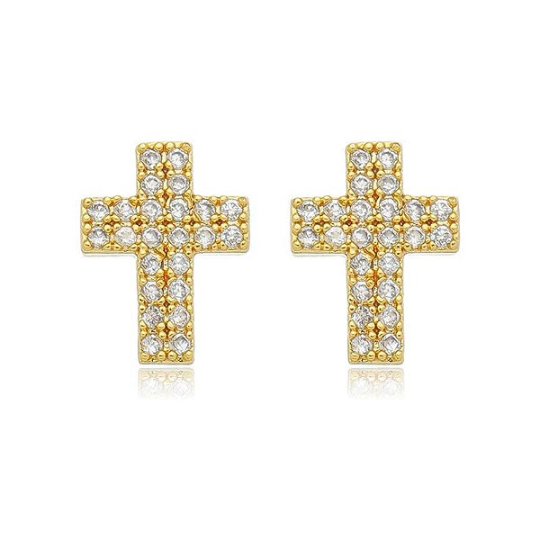 Brinco Cruz Fio Duplo Cravejado Folheado a Ouro 18K