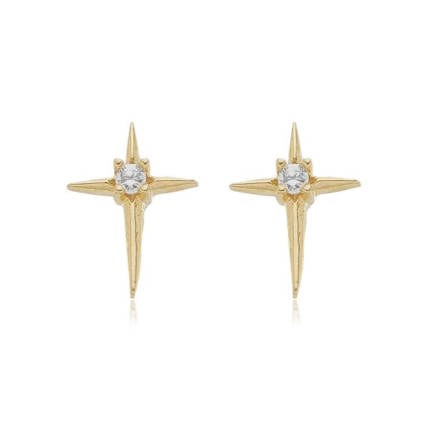 Brinco Cruz Lisa 1 Zirconia Folheado a Ouro 18K