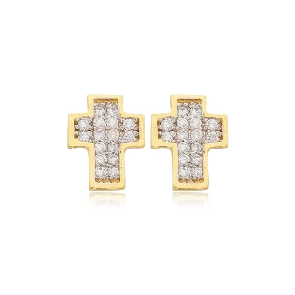 Brinco Cruz Quadrado Cravejado Folheado a Ouro 18K