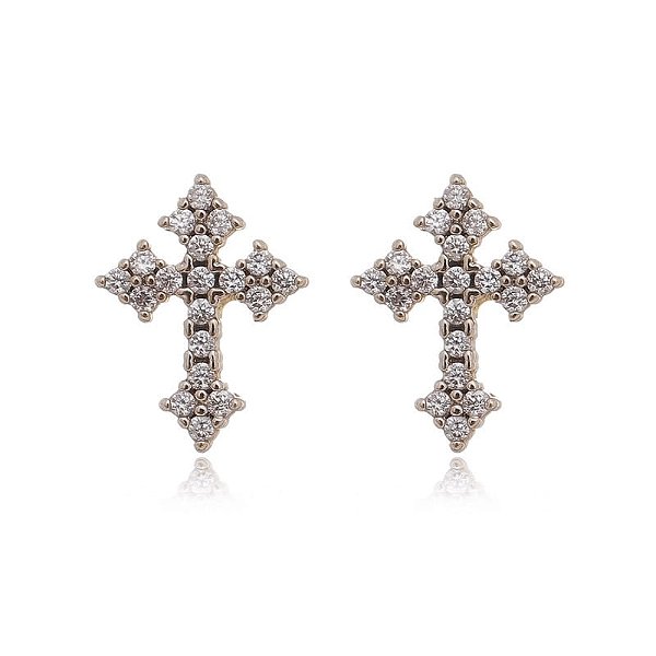 Brinco Cruz Zirconias Cristal Folheado a Ouro 18K
