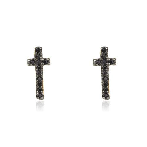 Brinco Cruz Zirconias Negras Folheado a Ouro 18K