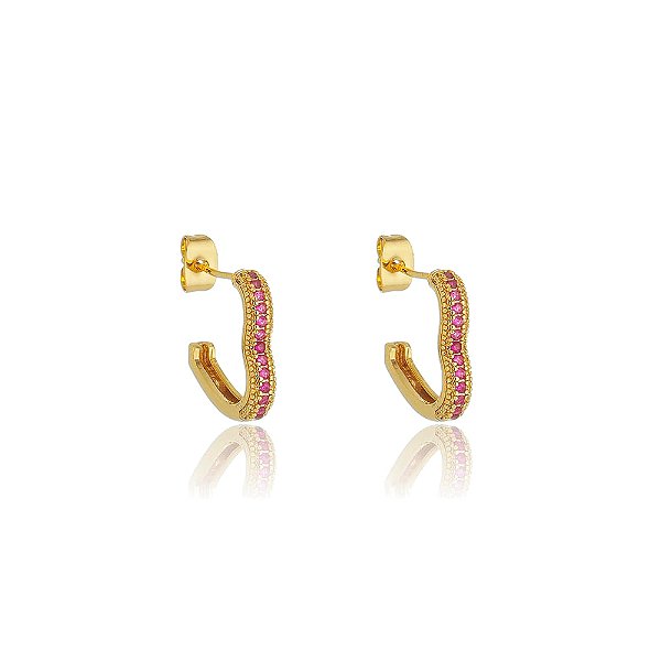 Brinco De Argolas Coração Abertas Cravejados Zircônia Rosa G Folheado a Ouro 18K