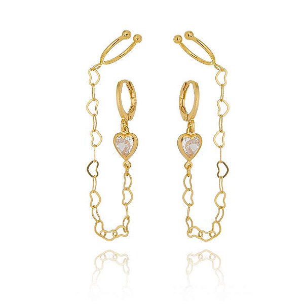 Brinco Earchain Coração Zircônia Cristal Folheado a Ouro 18K