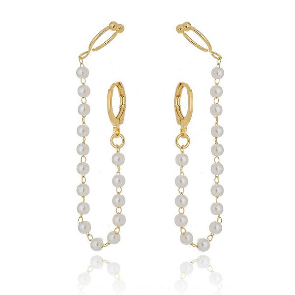 Brinco Earchain Corrente Pérolas Piercing Fake Folheado a Ouro 18K