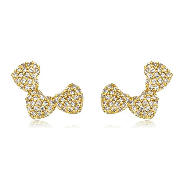 Brinco Earcuff 3 Corações Cravejados Abaulados Folheado a Ouro 18K