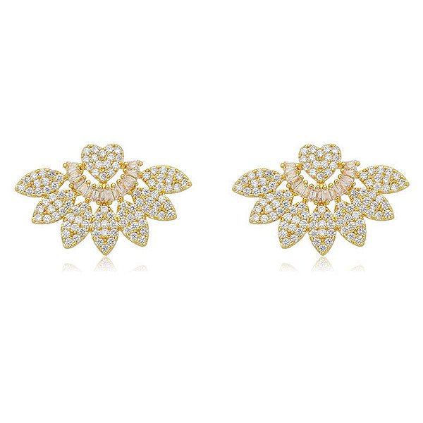 Brinco Earcuff Coração Baguetes E Pétalas Folheado a Ouro 18K