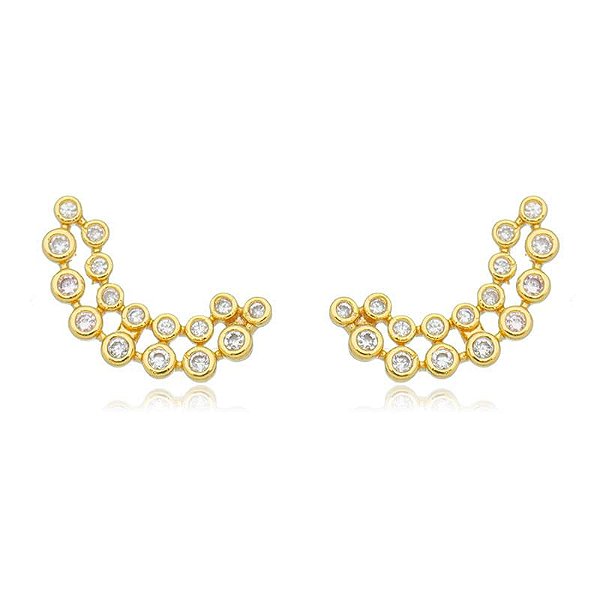 Brinco Earcuff Dois Arcos Zircônia Bolinha Folheado a Ouro 18K