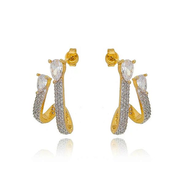 Brinco Earcuff Gotas Cravejado Folheado a Ouro 18K