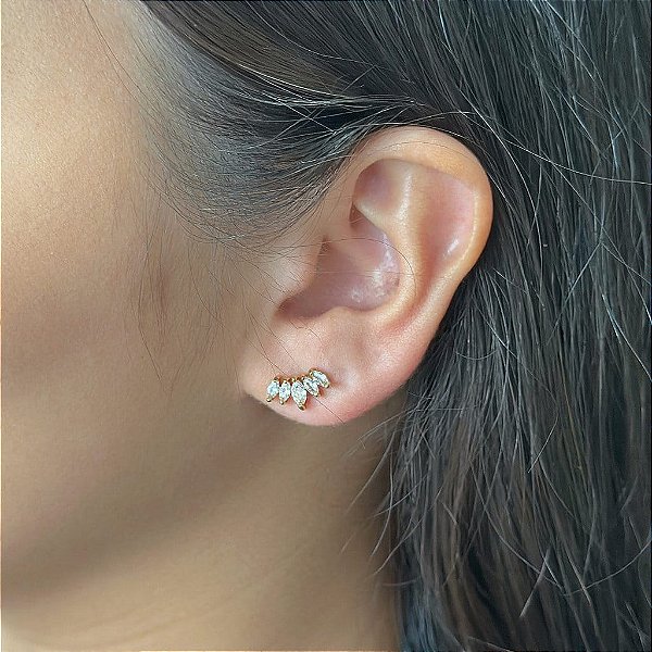 Brinco Earcuff Navetes Cristais Folheado a Ouro 18K