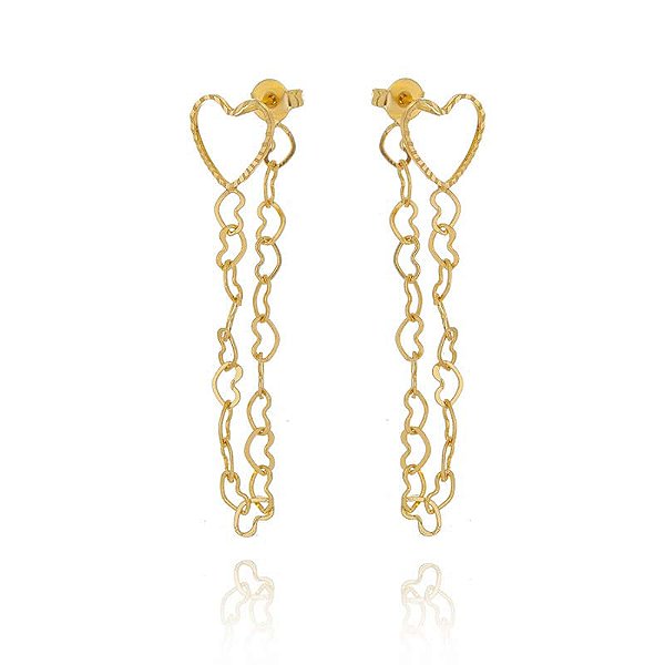 Brinco Earjacket Coração Vazado Correntinha Corações Folheado a Ouro 18K