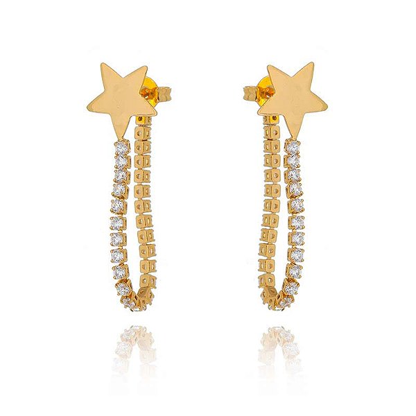 Brinco Earjacket Estrela Lisa E Fio Zircônias Folheado a Ouro 18K