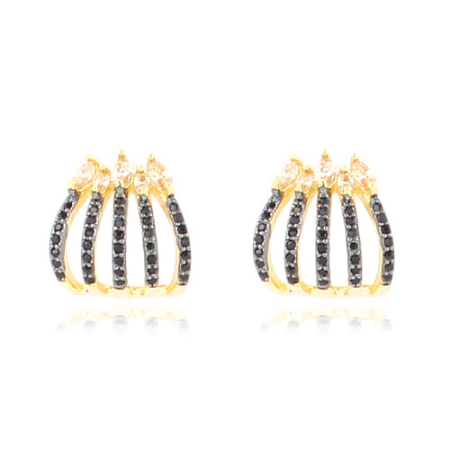 Brinco Earjacket Navetes E Zircônias Negras Folheado a Ouro 18K