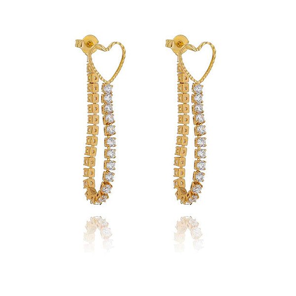 Brinco Earjacket Coração Vazado Riviera Cristal Folheado a Ouro 18K