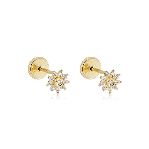 Brinco Flor Pétalas Zircônias Folheado a Ouro 18K