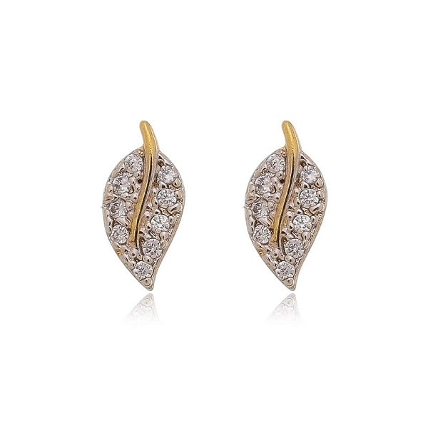 Brinco Folha Cravejado Folheado a Ouro 18K