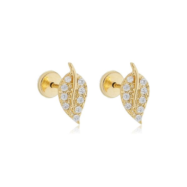 Brinco Folha Cravejado Folheado a Ouro 18K