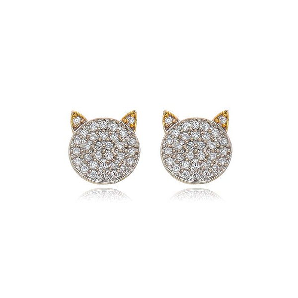 Brinco Gatinho Cravejado Zirconias Cristal Folheado a Ouro 18K